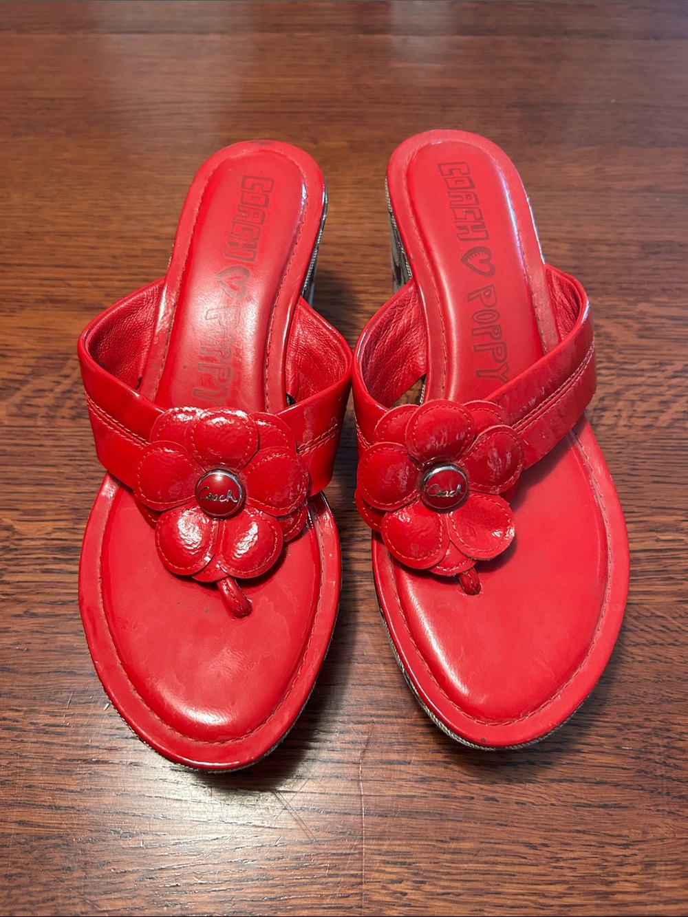 Coach Red Leather Flower Thong Sandals